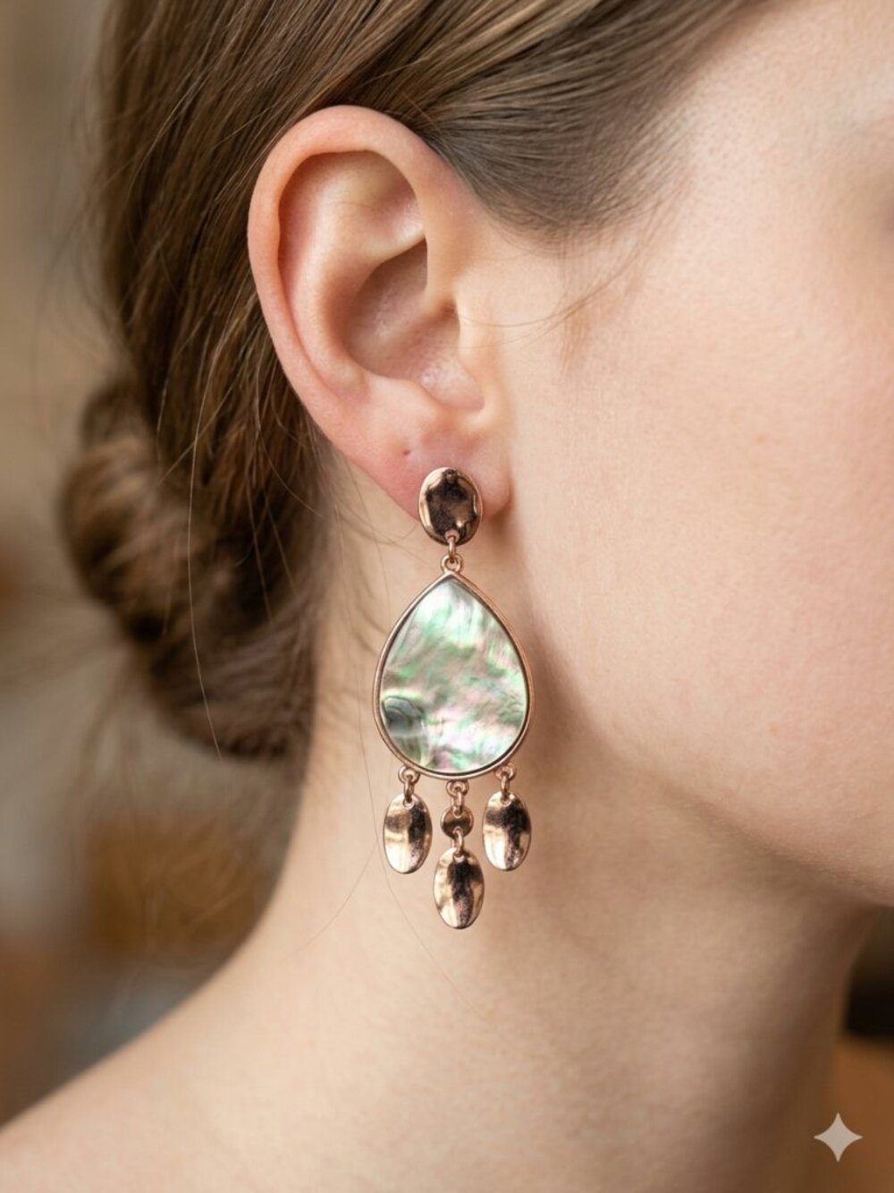 Dangling Pierced Earrings Silver Rose Tone and Large Abalone Teardrop